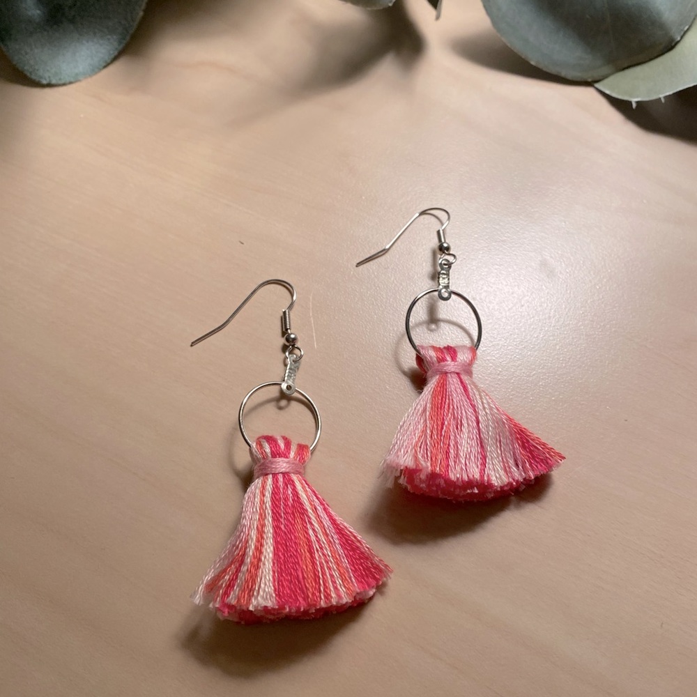 Pink tassel earrings silver